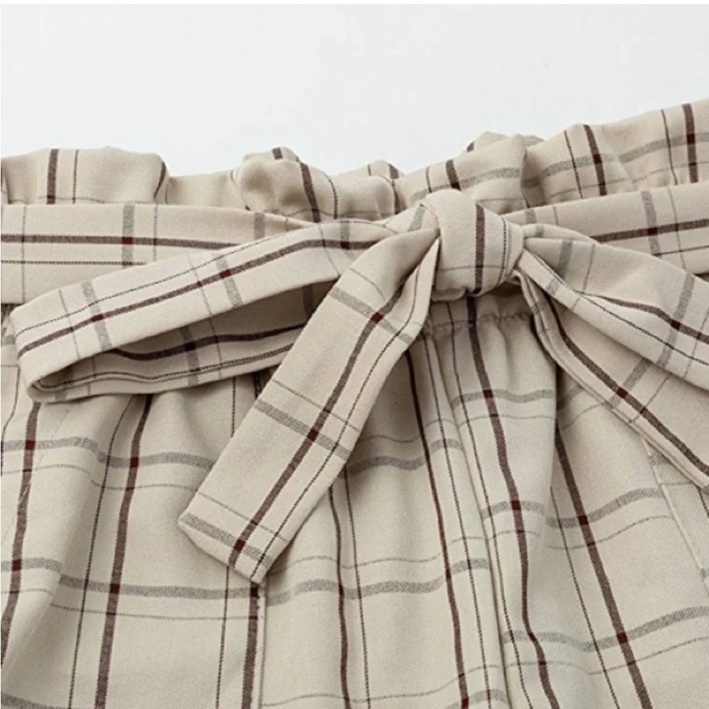 Belted frill high waist plaid pants